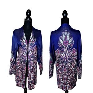 Ruby Rd Bright Paisley Print Duster Cardigan Sweater Long Line Size Medium
